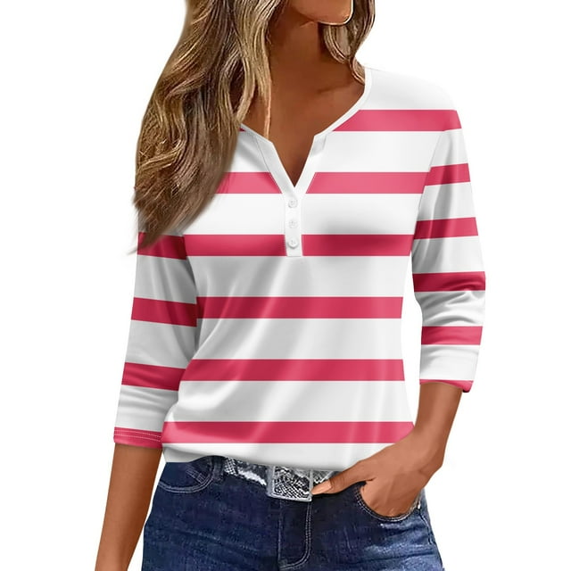 JULMCOMO Going Out Tops for Women Button Decor V Neck Tops 3/4 Sleeve Summer T-Shirts Striped Print Casual Dressy Tops Tunic