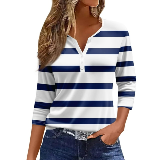 JULMCOMO Going Out Tops for Women Button Decor V Neck Tops 3/4 Sleeve Summer T-Shirts Striped Print Casual Dressy Tops Tunic