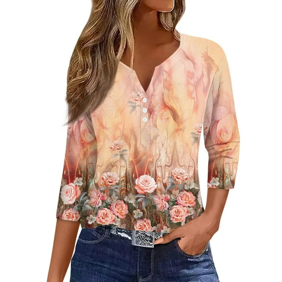 JULMCOMO Going Out Tops for Women Button Decor V Neck Tops 3/4 Sleeve Summer T-Shirts Striped Print Casual Dressy Tops Tunic