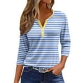 thumbnail image 1 of JULMCOMO Going Out Tops for Women Button Decor V Neck Tops 3/4 Sleeve Summer T-Shirts Striped Print Casual Dressy Tops Tunic, 1 of 5