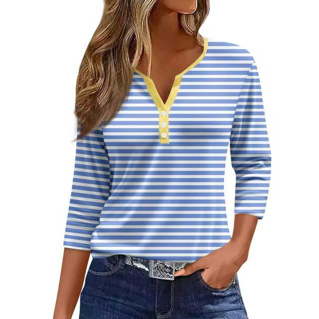 JULMCOMO Going Out Tops for Women Button Decor V Neck Tops 3/4 Sleeve Summer T-Shirts Striped Print Casual Dressy Tops Tunic