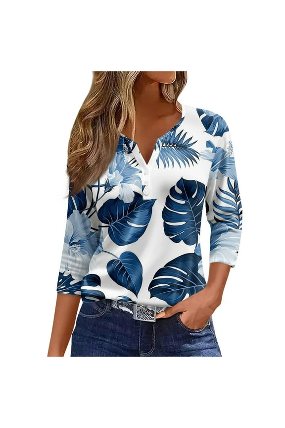 Going Out Tops for Women Button Decor V Neck Tops 3/4 Sleeve Summer T-Shirts Striped Print Casual Dressy Tops Tunic