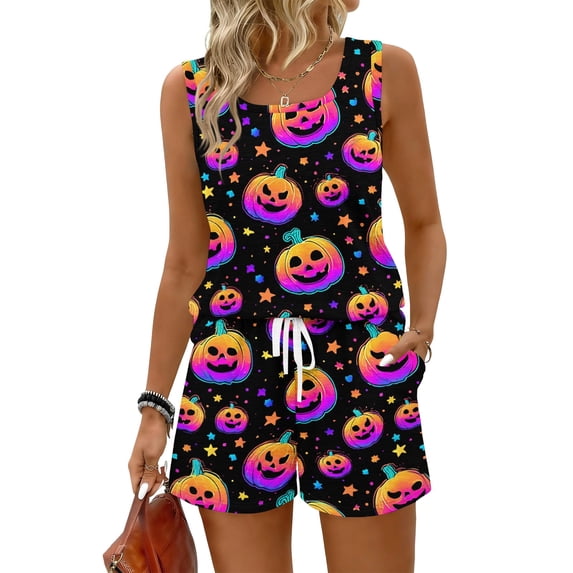 JULMCOMO Halloween 2 Piece Sets for Women Funny Halloween Printed Square Neck Drawstring Tank Tops Funny Print Holiday Costume Matching Sets Purple XL
