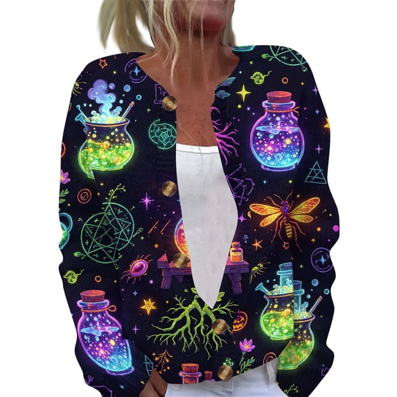JULMCOMO Halloween Cardigan Sweaters for Women Knit Ghost Pumpkin Bat Print Button Down Casual Outfits Funny Print Holiday Costume Cardigan Fluorescent Green 3XL