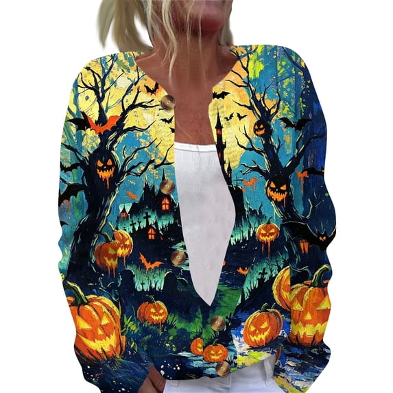 JULMCOMO Halloween Cardigan Sweaters for Women Knit Ghost Pumpkin Bat Print Button Down Casual Outfits Funny Print Holiday Costume Cardigan Multicolor 2XL