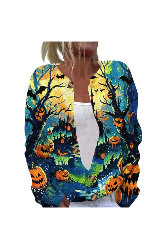 Halloween Cardigan Sweaters for Women Knit Ghost Pumpkin Witch Print Open Front Trendy Outfits Mystical Print Costume Holiday Cardigan Green S