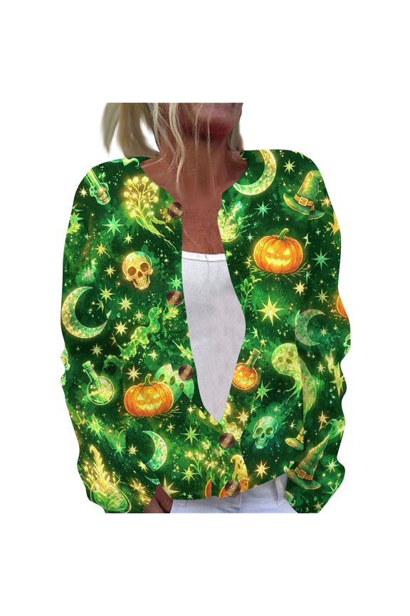 Halloween Cardigan Sweaters for Women Knit Pumpkin Ghost Moon Print Open Front Casual Cardigan Halloween Printed Party Holiday Outfits Green 3XL