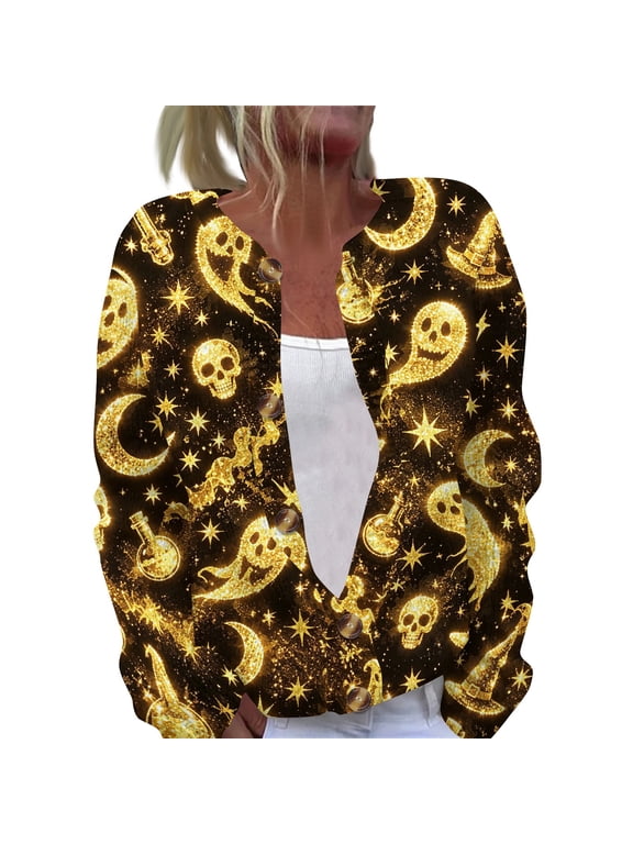 Halloween Cardigan Sweaters for Women Knit Pumpkin Ghost Moon Print Open Front Casual Cardigan Halloween Printed Party Holiday Outfits Yellow L