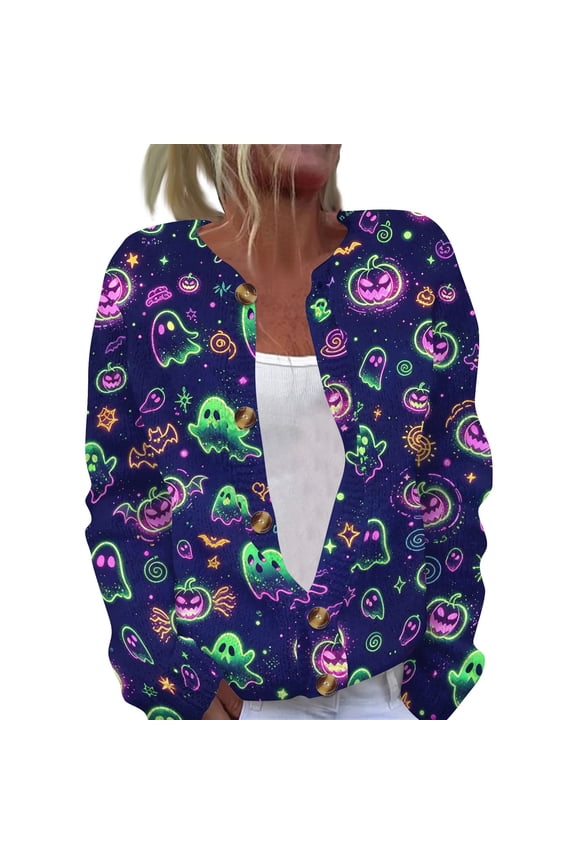 Halloween Cardigan Sweaters for Women Knit Pumpkin Tomb Ghost Print Open Front Trendy Cardigan Funny Print Holiday Costume Outfits Multicolor 3XL