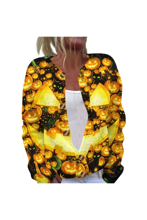 Halloween Cardigan Sweaters for Women Knit Skull Ghost Pumpkin Print Open Front Casual Cardigan Funny Halloween Holiday Costume Outfits Yellow 2XL