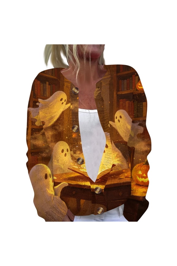 Halloween Cardigan Sweaters for Women Knit Skull Witch Ghost Print Button Up Casual Cardigan Funny Halloween Party Holiday Coat Tops Multicolor 2XL