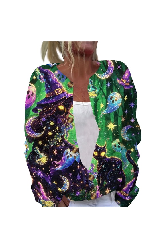 Halloween Cardigan Sweaters for Women Knit Witch Haunted Pumpkin Print Button Down Casual Cardigan Funny Print Halloween Party Outfits Multicolor 3XL