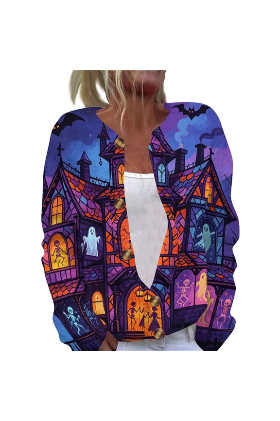 Halloween Cardigan Sweaters for Women Knit Witch Haunted Pumpkin Print Button Down Casual Cardigan Funny Print Halloween Party Outfits Purple L