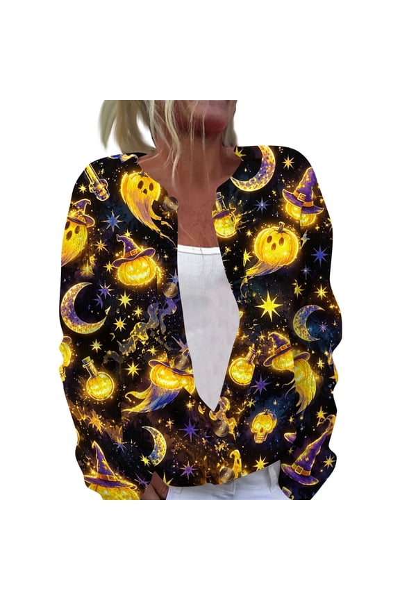 Halloween Cardigan Sweaters for Women Knit Ghost Pumpkin Bat Print Button Down Casual Outfits Funny Print Holiday Costume Cardigan Gold 2XL