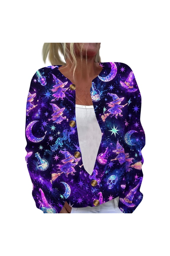Halloween Cardigan Sweaters for Women Knit Ghost Witch Cat Print Open Front Trendy Outfits Cute Printed Costume Holiday Coat Tops Purple S