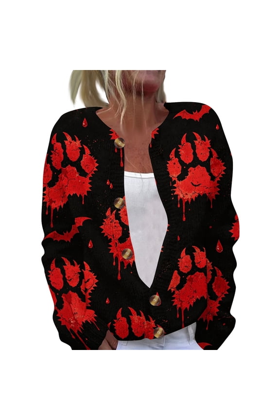 Halloween Cardigan Sweaters for Women Knit Pumpkin Bat Ghost Print Button Up Casual Cardigan Funny Printed Holiday Halloween Outfits Black L