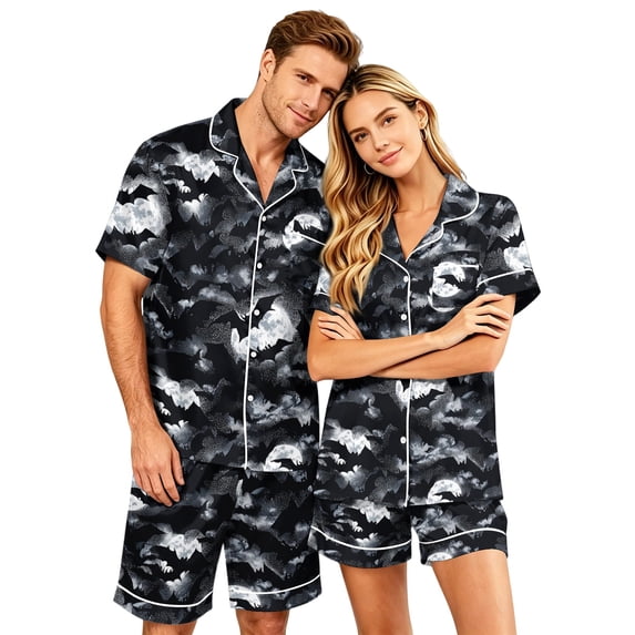 JULMCOMO Halloween Couples Matching Pajama Sets Bat Ghost Pumpkin Print Button Down Holiday 2 Piece Sets Elastic Waist Comfy Shorts Pajamas Black-Women 2XL