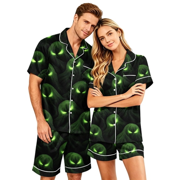 JULMCOMO Halloween Couples Matching Pajama Sets Bat Ghost Pumpkin Print Button Down Holiday 2 Piece Sets Elastic Waist Comfy Shorts Pajamas Green-Men M