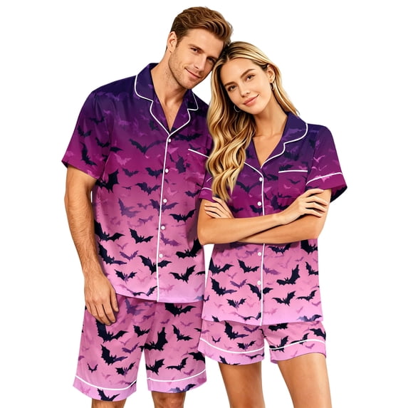 JULMCOMO Halloween Couples Matching Pajama Sets Bat Ghost Pumpkin Print Button Down Holiday 2 Piece Sets Elastic Waist Comfy Shorts Pajamas Purple-Men L