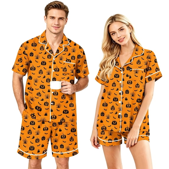 JULMCOMO Halloween Couples Matching Pajama Sets Funny Pumpkin Print Button Down Holiday Party 2 Piece Sets Soft Comfy Shorts Pajamas Orange-Men S