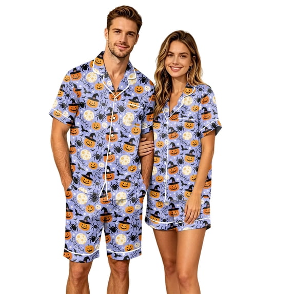JULMCOMO Halloween Couples Matching Pajama Sets Pumpkins Print Collared Button Down Holiday Two Piece Sets Cute Printed Comfy Soft Pajamas Light Blue-Women 2XL