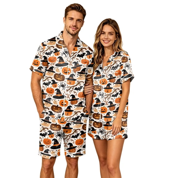 JULMCOMO Halloween Couples Matching Pajama Sets Pumpkins Print Collared Button Down Holiday Two Piece Sets Cute Printed Comfy Soft Pajamas Saffron-Women L