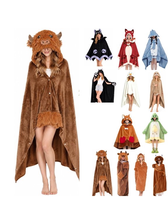 Halloween Cute Highland Cow Blanket Hoodie Soft Flannel Fleece Oversized Wearable Blanket Warm Halloween Party Cow Hooded Cape Warm Brown