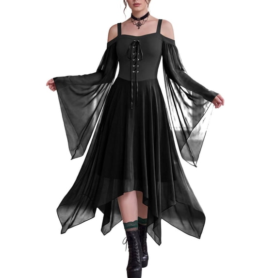 JULMCOMO Halloween Gothic Dresses for Women Chiffon Cold Shoulder Butterfly Sleeve Medieval Midi Dresses Witch Party Costume Renaissance Flowy Outfits Black L