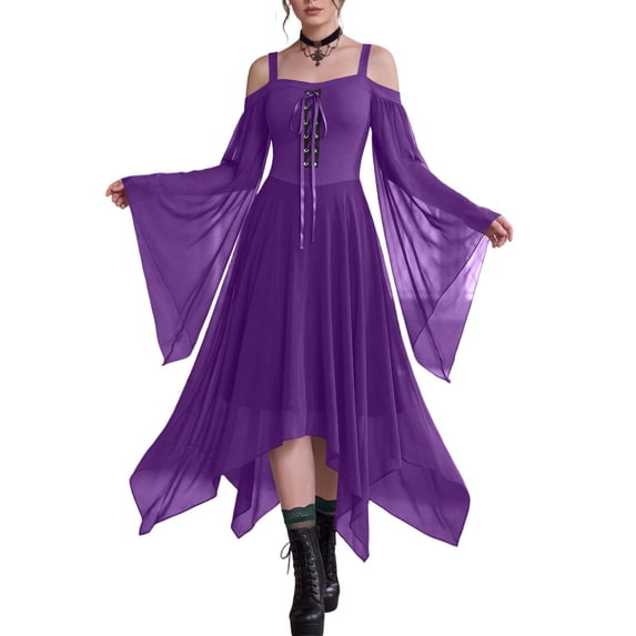 JULMCOMO Halloween Gothic Dresses for Women Chiffon Cold Shoulder Butterfly Sleeve Medieval Midi Dresses Witch Party Costume Renaissance Flowy Outfits Purple 2XL