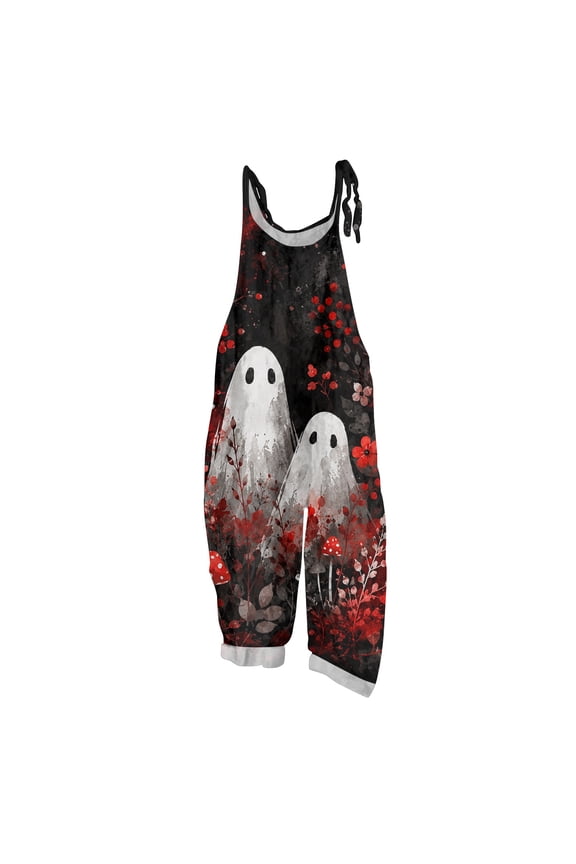 Halloween Jumpsuits for Women Cotton Linen Bat Pumpkin Ghost Printed Spaghetti Strap Holiday Jumpsuits Plus Size Loose Cute Print Overalls Vermilion 2XL