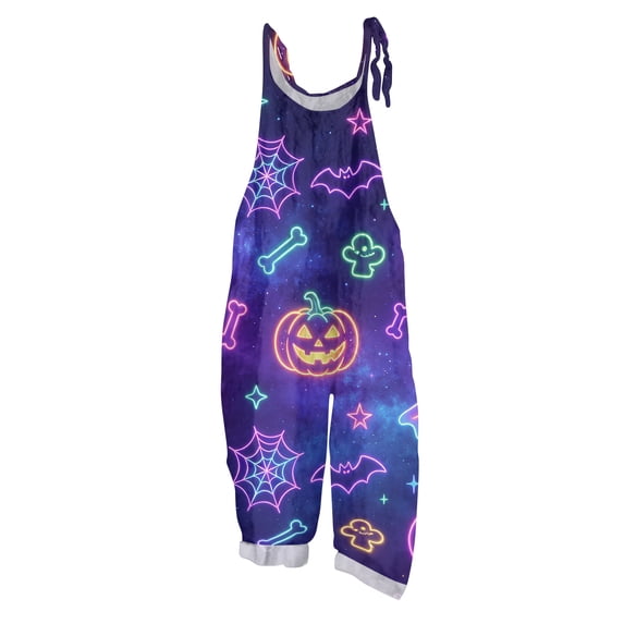JULMCOMO Halloween Jumpsuits for Women Cotton Linen Pumpkin Cat Ghost Printed Spaghetti Strap Holiday Outfits Plus Size Loose Cute Print Jumpsuits Army Green L