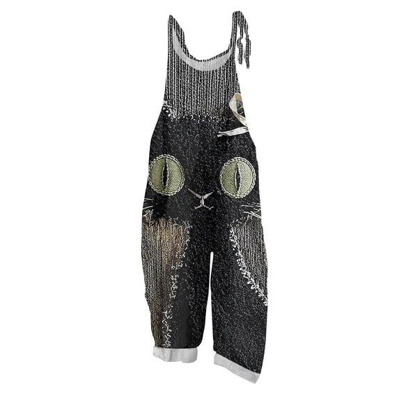 JULMCOMO Halloween Jumpsuits for Women Plus Size Cotton Linen Black Cat Printed Spaghetti Strap Holiday Overalls Loose Funny Print Jumpsuits Green M