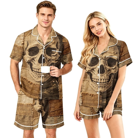 JULMCOMO Halloween Matching Pajamas for Couples Horror Skull Print Short Sleeve Soft Party Two Piece Sets Loose Fit Holiday Lounge Sets Camel-Women XL