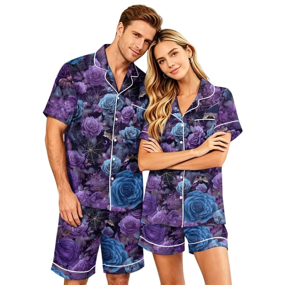 JULMCOMO Halloween Matching Pajamas for Couples Pumpkin Bat Spider Web Print Short Sleeve Soft Two Piece Sets Loose Holiday Lounge Sets Purple-Women 2XL