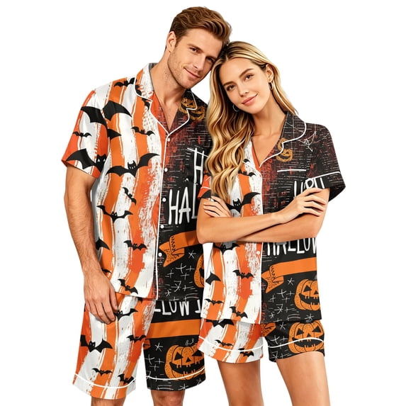JULMCOMO Halloween Matching Pajamas for Couples Pumpkin Bat Spider Web Print Short Sleeve Soft Two Piece Sets Loose Holiday Lounge Sets White-Women 2XL