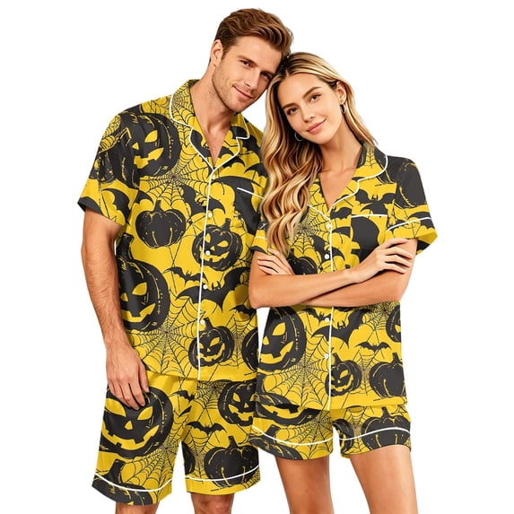 JULMCOMO Halloween Matching Pajamas for Couples Pumpkin Bat Spider Web Print Short Sleeve Soft Two Piece Sets Loose Holiday Lounge Sets Yellow-Men 2XL
