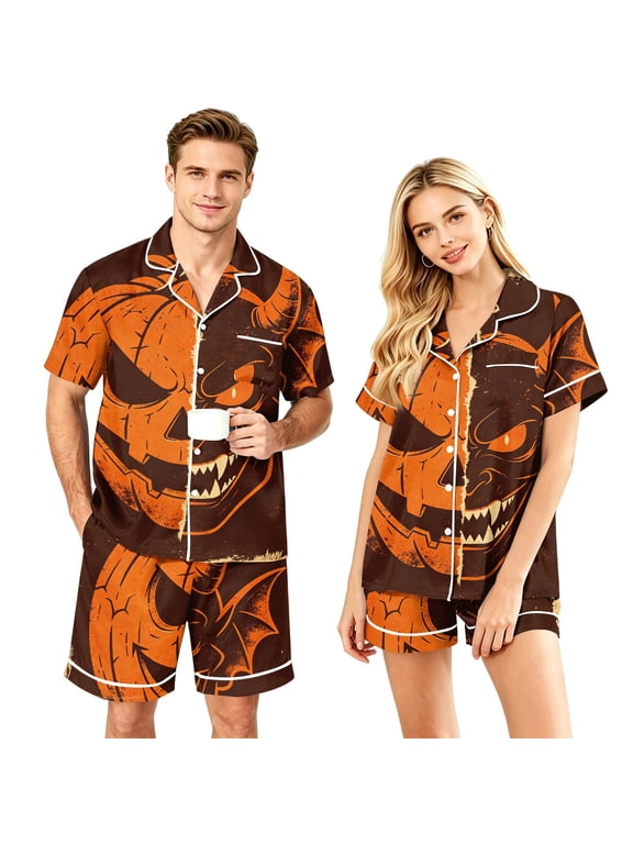 Halloween Matching Pajamas for Couples Pumpkin Devil Print Short Sleeve Soft Party Two Piece Sets Loose Fit Holiday Lounge Sets Orange-Women M