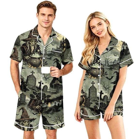 JULMCOMO Halloween Matching Pajamas for Couples Witch Graveyard Print Short Sleeve Soft Party Two Piece Sets Loose Fit Holiday Lounge Sets Light Gray-Men S