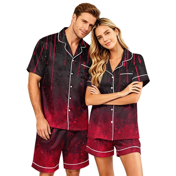 JULMCOMO Halloween Matching Pajamas for Couples Pumpkin Bat Spider Web Print Short Sleeve Soft Two Piece Sets Loose Holiday Lounge Sets Red-Women S