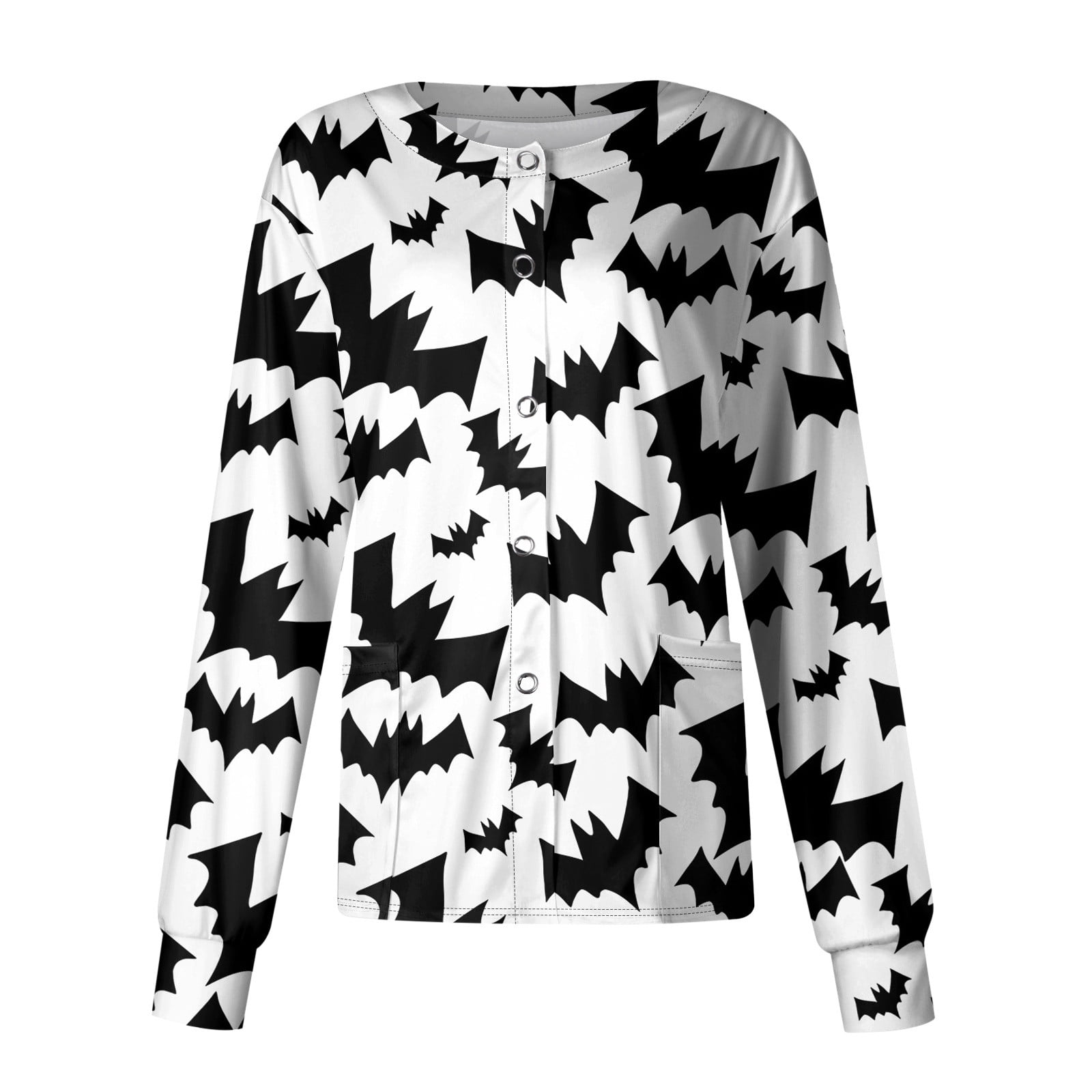 JULMCOMO Halloween Nursing Jackets for Nurses Long Sleeve Pumpkin Face Print Scrub Top Snap Front Clearance Plus Size Lab Coat Nursing Working Uniform White 4XL