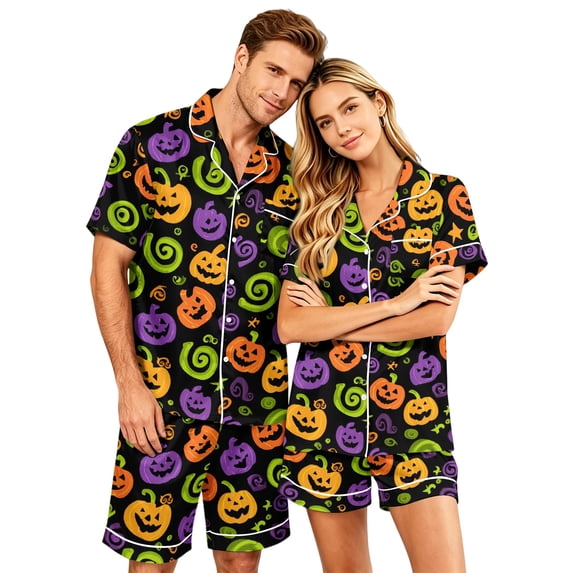 JULMCOMO Halloween Pajama Sets for Couples Pumpkin Bat Print Button Down Party Lounge Sets Funny Print Elastic Waist Soft Shorts Pajamas Purple-Men 2XL
