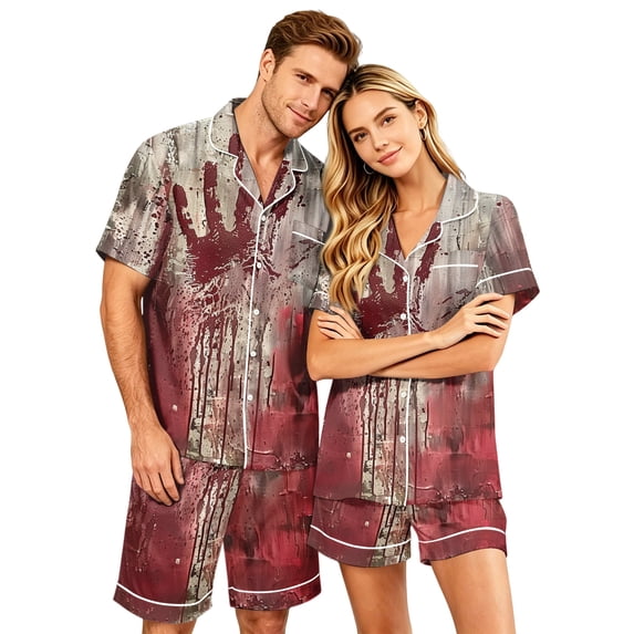 JULMCOMO Halloween Pajama Sets for Couples Pumpkin Bat Print Button Down Party Lounge Sets Funny Print Elastic Waist Soft Shorts Pajamas Red-Women 4XL