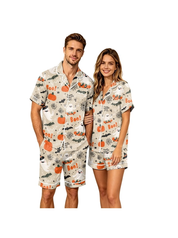 Halloween Pajama Sets for Couples Pumpkin Ghost Print Button Down Holiday Comfy Lounge Sets Cute Print Loose Soft Shorts Pajamas Khaki-Women S