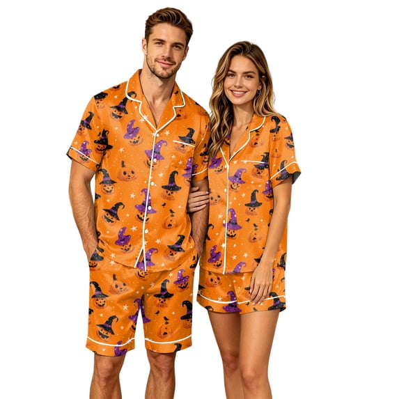 JULMCOMO Halloween Pajama Sets for Couples Pumpkin Ghost Print Button Down Holiday Comfy Lounge Sets Cute Print Loose Soft Shorts Pajamas Orange-Women 2XL