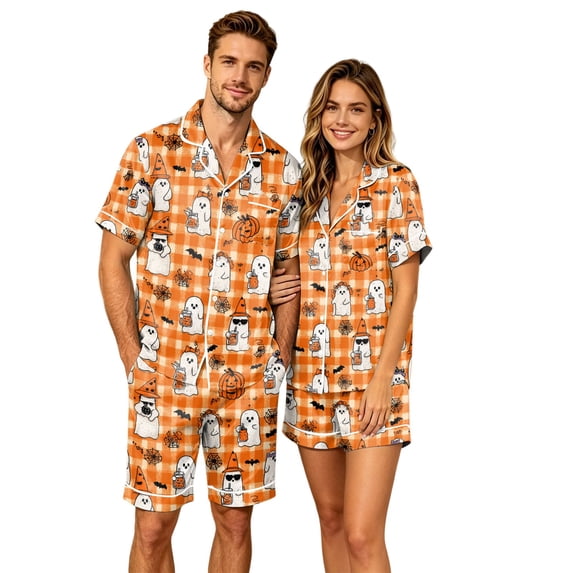 JULMCOMO Halloween Pajama Sets for Couples Pumpkin Ghost Print Button Down Holiday Comfy Lounge Sets Cute Print Loose Soft Shorts Pajamas White-Men 3XL