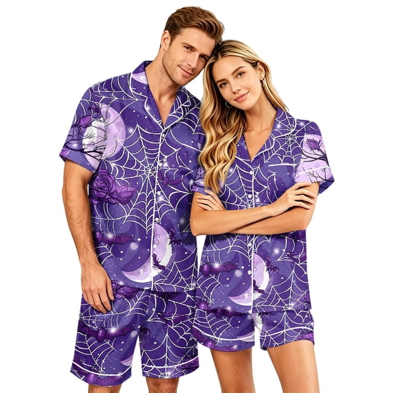 JULMCOMO Halloween Pajama Sets for Couples Pumpkin Spider Web Print Button Down Party Holiday Lounge Sets Elastic Waist Loose Soft Shorts Pajamas Purple-Women M