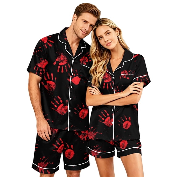 JULMCOMO Halloween Pajama Sets for Couples Pumpkin Spider Web Print Button Down Party Holiday Lounge Sets Elastic Waist Loose Soft Shorts Pajamas Red-Men XL