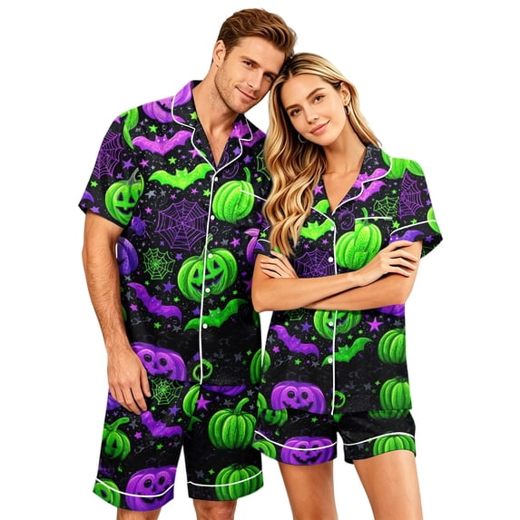 JULMCOMO Halloween Pajama Sets for Couples Pumpkin Ghost Bat Print Button Down Loose Lounge Sets Funny Print Party Soft Shorts Pajamas Green-Men S