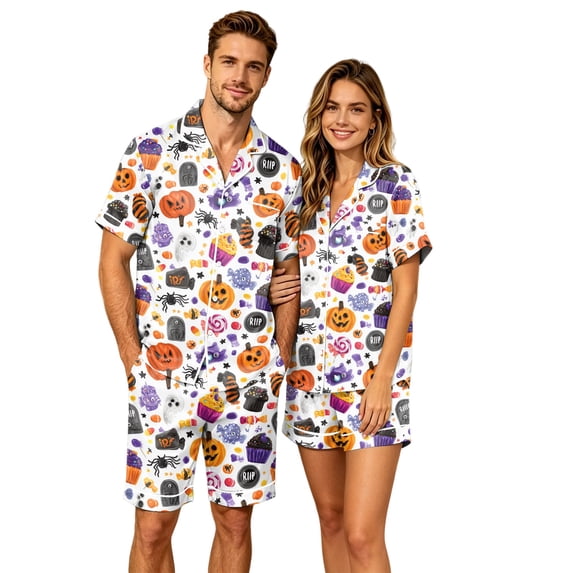 JULMCOMO Halloween Pajamas for Couples Ghost Cat Pumpkin Print Button Down Collared Holiday Two Piece Sets Elastic Waist Soft Pajama Shorts Light Purple-Men 2XL
