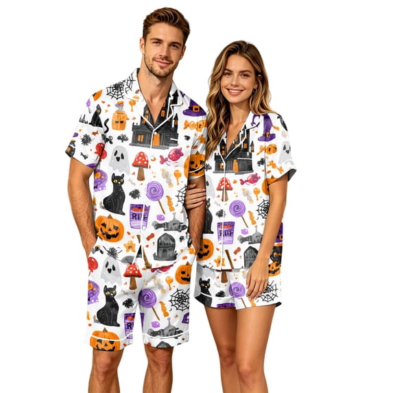 JULMCOMO Halloween Pajamas for Couples Ghost Cat Pumpkin Print Button Down Collared Holiday Two Piece Sets Elastic Waist Soft Pajama Shorts White-Men L